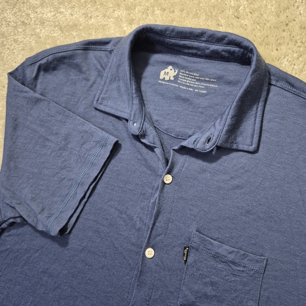 Woolly Merino Wool Button Up Shirt Mens Medium Blue Lightweight Outdoor FLAW